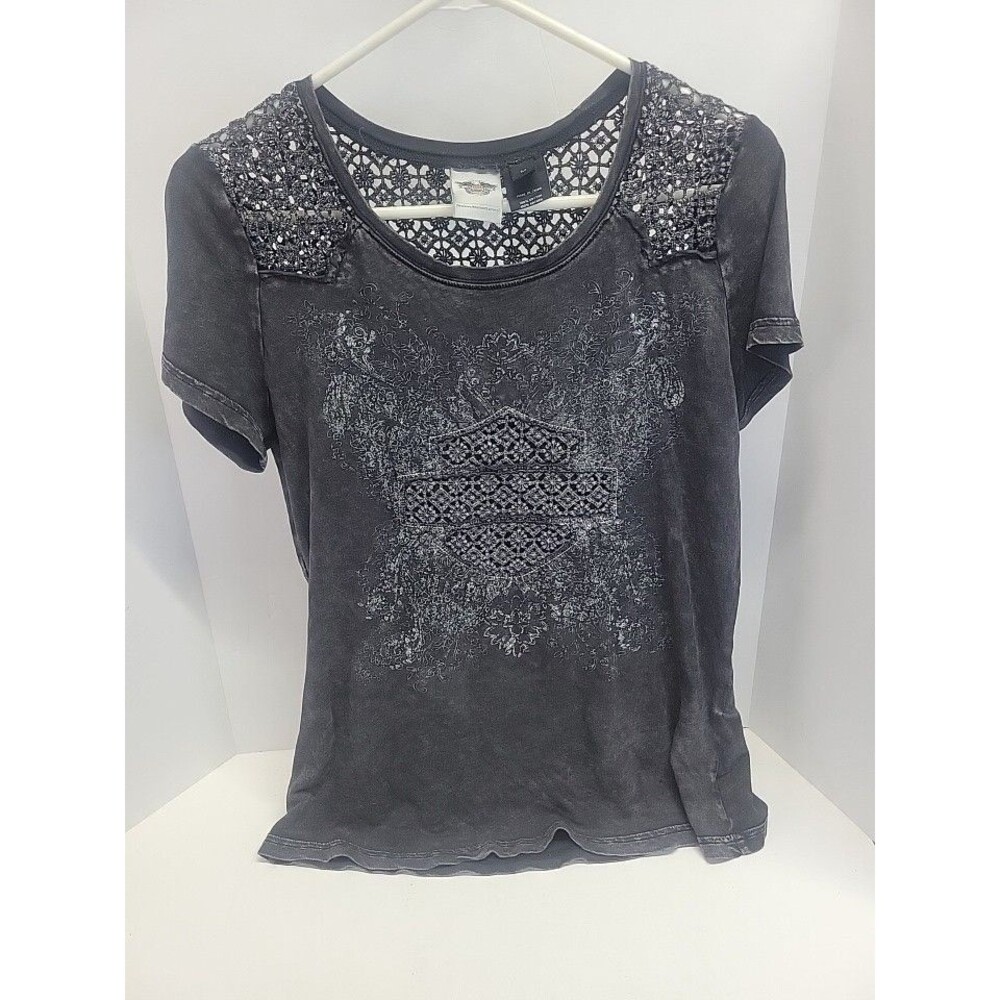 Harley Davidson Distressed Black‎ Short Sleeve Blouse Crochet Biker Size M